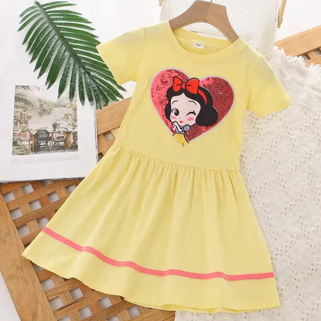 Girls summer yellow dress featuring a cartoon character, perfect for ages 4-6, designed for comfort and style.