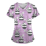 Cute purple scrub top with cartoon cat and panda print, ideal for women's veterinary nurse uniform.