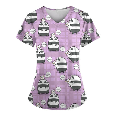 Cute purple scrub top with cartoon cat and panda print, ideal for women's veterinary nurse uniform.