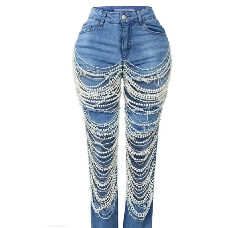 ChainTear™ – Bead Chain Ripped Slim Denim Pants 2025 (Grungy, Sleek & Decorative)