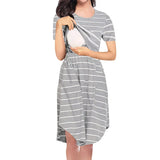 Striped multifunctional nursing dress in gray, designed for maternity and breastfeeding, with knee-length and ruffle decoration.