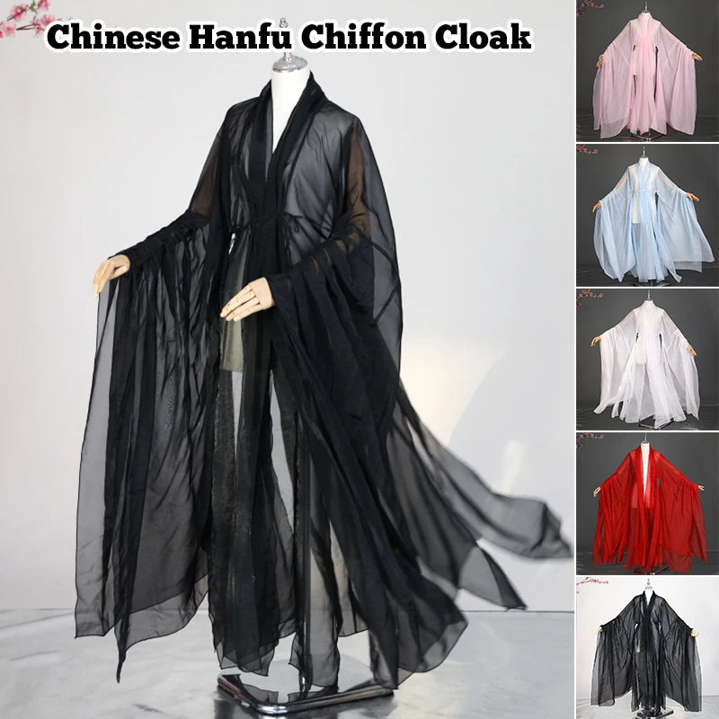 Elegant Chinese Hanfu chiffon cloak in black and various colors, perfect for traditional attire and stage performances.