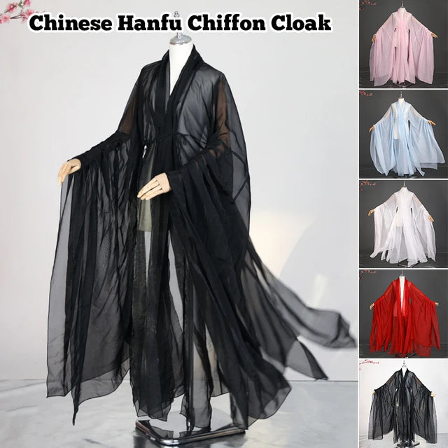 Elegant Chinese Hanfu chiffon cloak in black and various colors, perfect for traditional attire and stage performances.