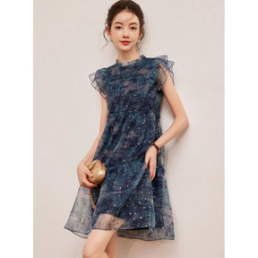 LOUIS YAO Sparkling Dress for women, flounced edge, patchwork design, perfect summer outfit above knee.