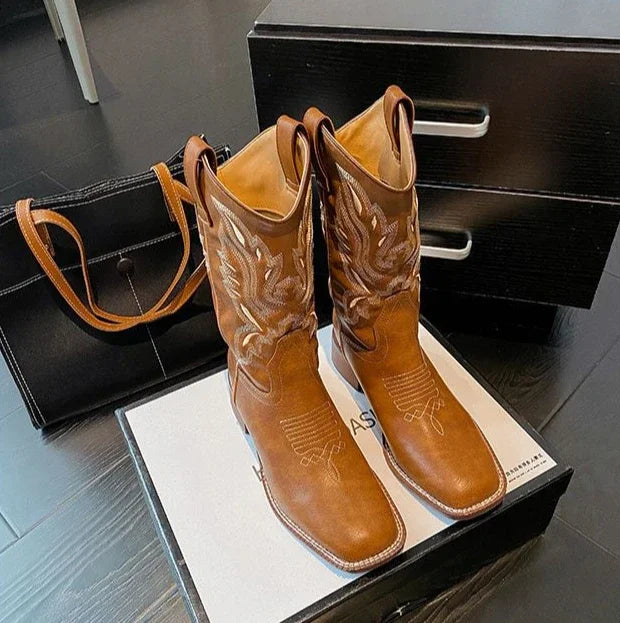 Women Mid Calf Boots Rose Embroidery Leather