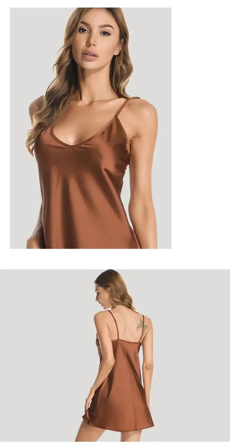 Women Ice Silk Satin Nightdress Sexy V-Neck Sleepwear