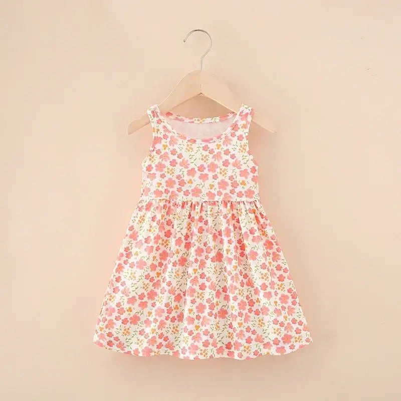 Cute pink floral summer dress for girls, sleeveless, knee-length, perfect for ages 4-6.