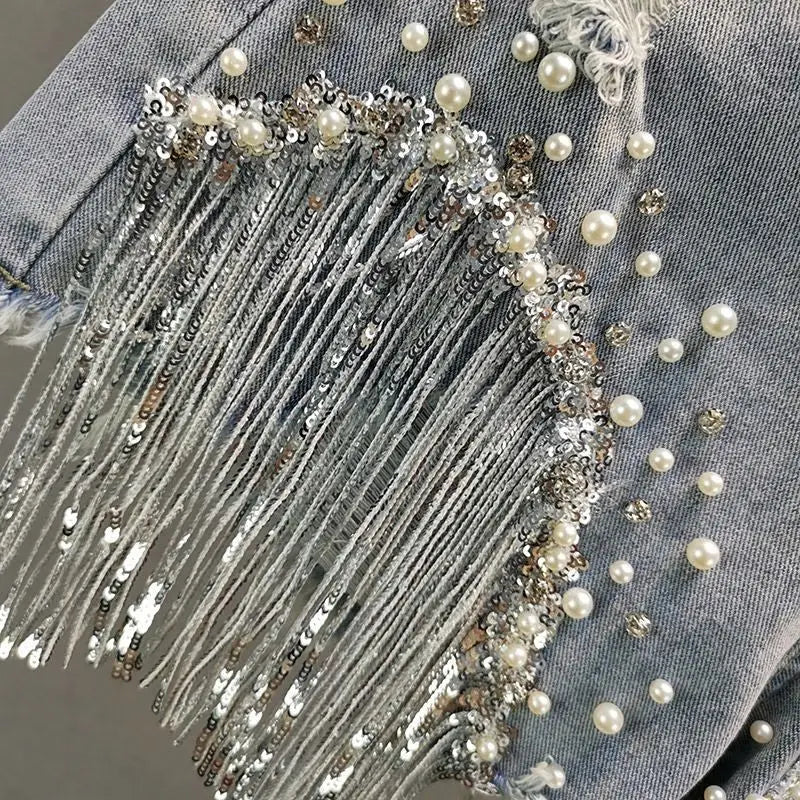 GlamBeads™ – Beaded Sequin Denim Shorts (Fringed, Broken Copper Style)