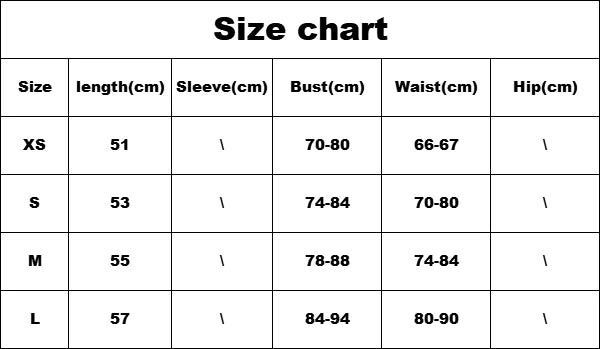 Size chart showing measurements for XS, S, M, and L sizes including bust, waist, and length in centimeters.
