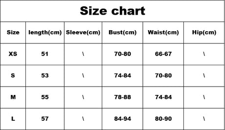 Size chart showing measurements for XS, S, M, and L sizes including bust, waist, and length in centimeters.