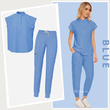 Blue women's medical workwear set featuring a short-sleeve top and pants, ideal for beauty salons and healthcare settings.