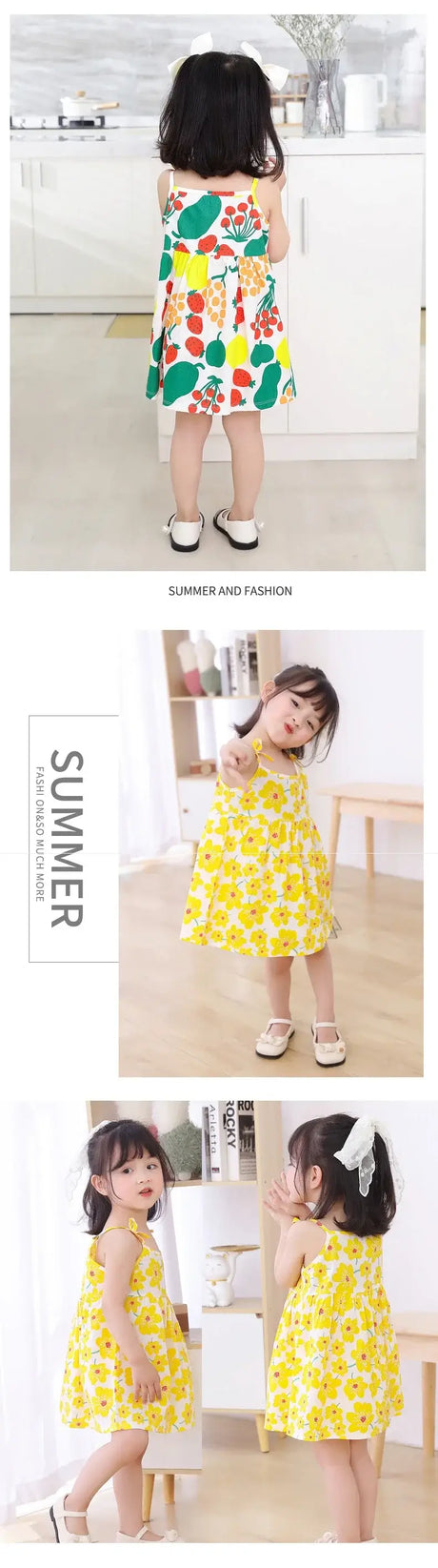 Cute summer dresses for girls featuring colorful fruit patterns, perfect for ages 4-6, designed for comfort and style.