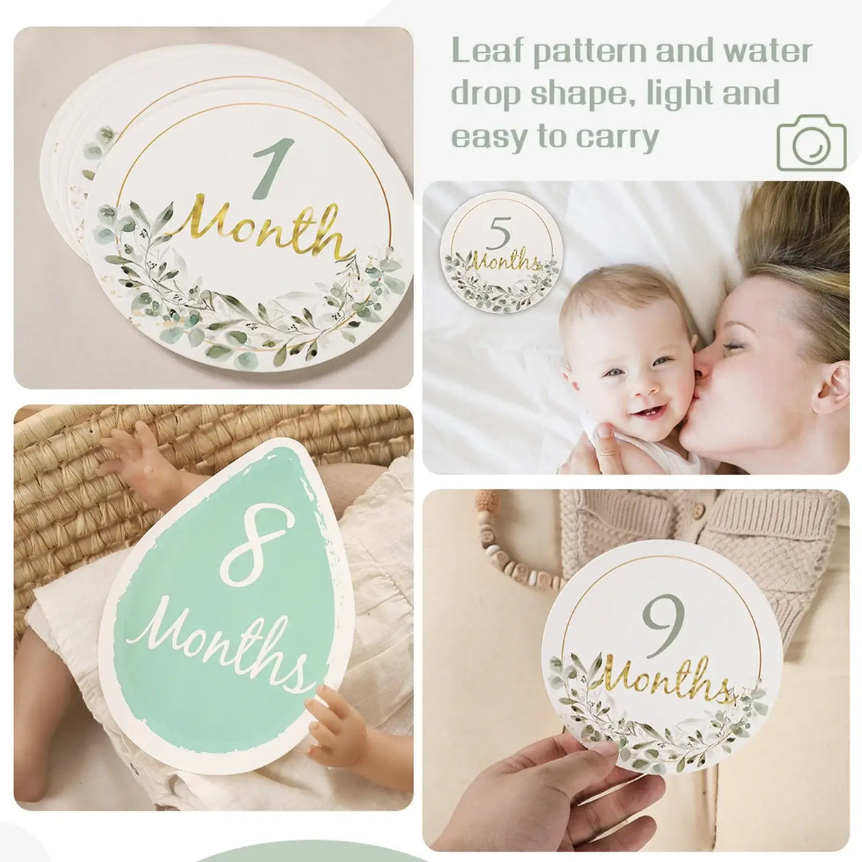 Newborn milestone cards featuring leaf patterns, water drop shapes, showcasing months 1, 5, 8, and 9.