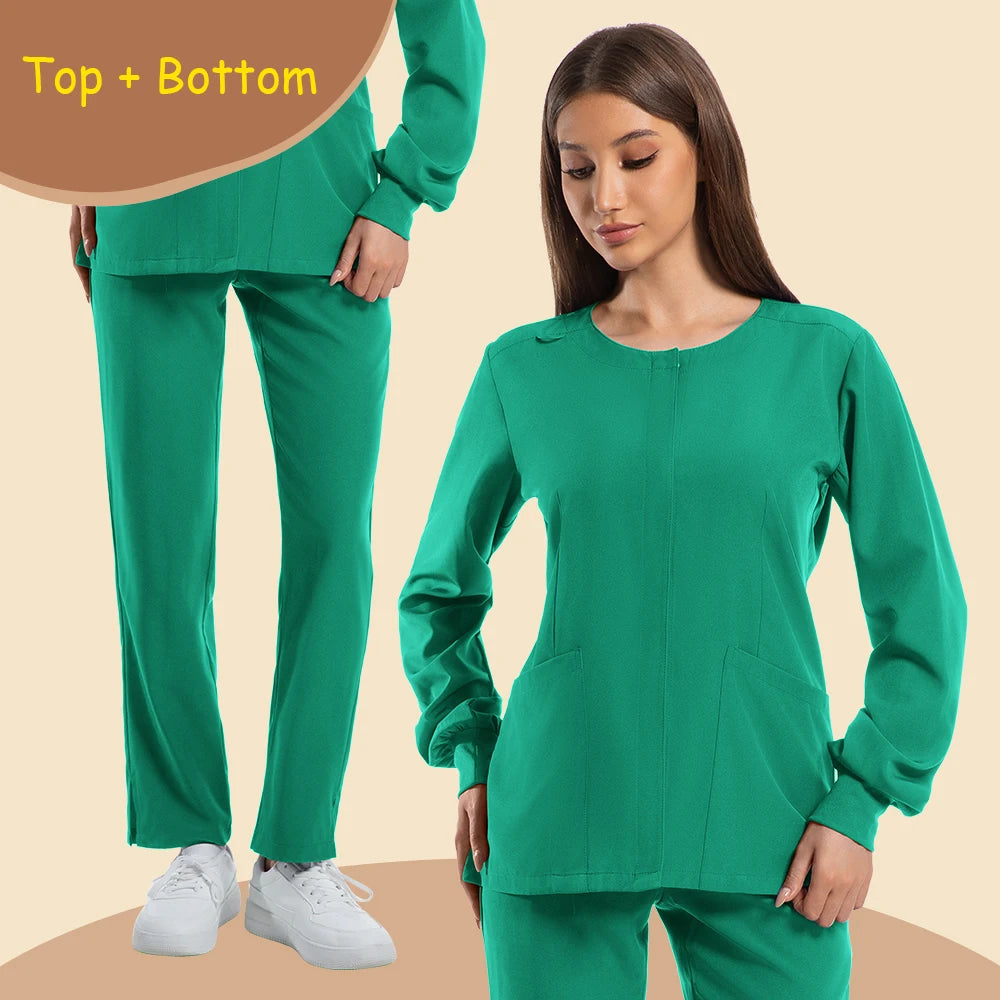 Women's long sleeve jogging style scrubs in vibrant green color, featuring a top and bottom set suitable for medical professionals.