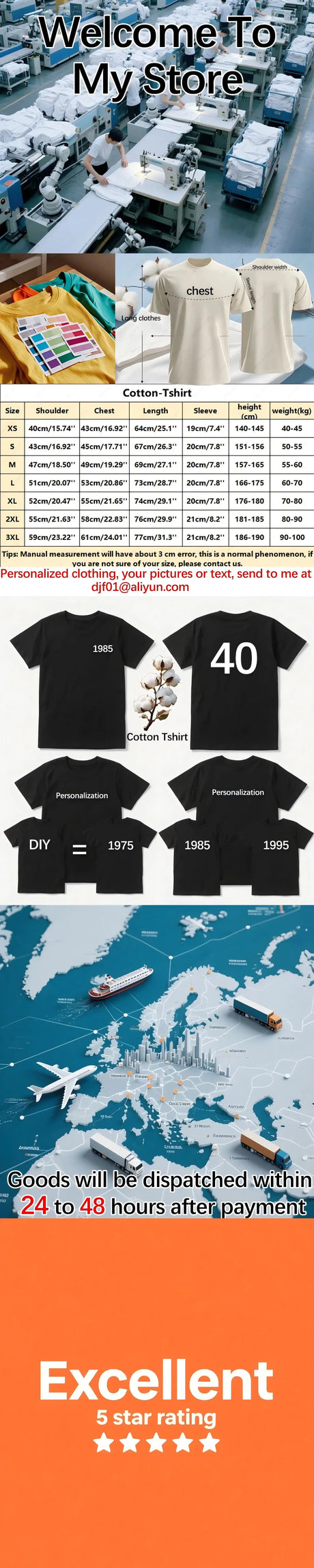 Welcome to my store banner showcasing various t-shirts, shipping info, and 5-star customer ratings.