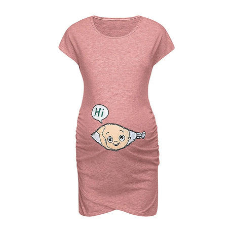 Loose casual maternity dress with cartoon design, short sleeves, and above-knee length, perfect for summer.
