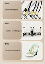 Features of Twins Baby Stroller: shock absorption, foldable design, and egg-shaped cockpit for comfort.