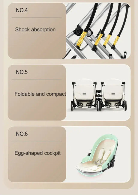 Features of Twins Baby Stroller: shock absorption, foldable design, and egg-shaped cockpit for comfort.