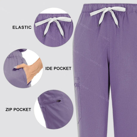 Close-up of summer coveralls highlighting elastic waistband, side pocket, and zip pocket features in purple.