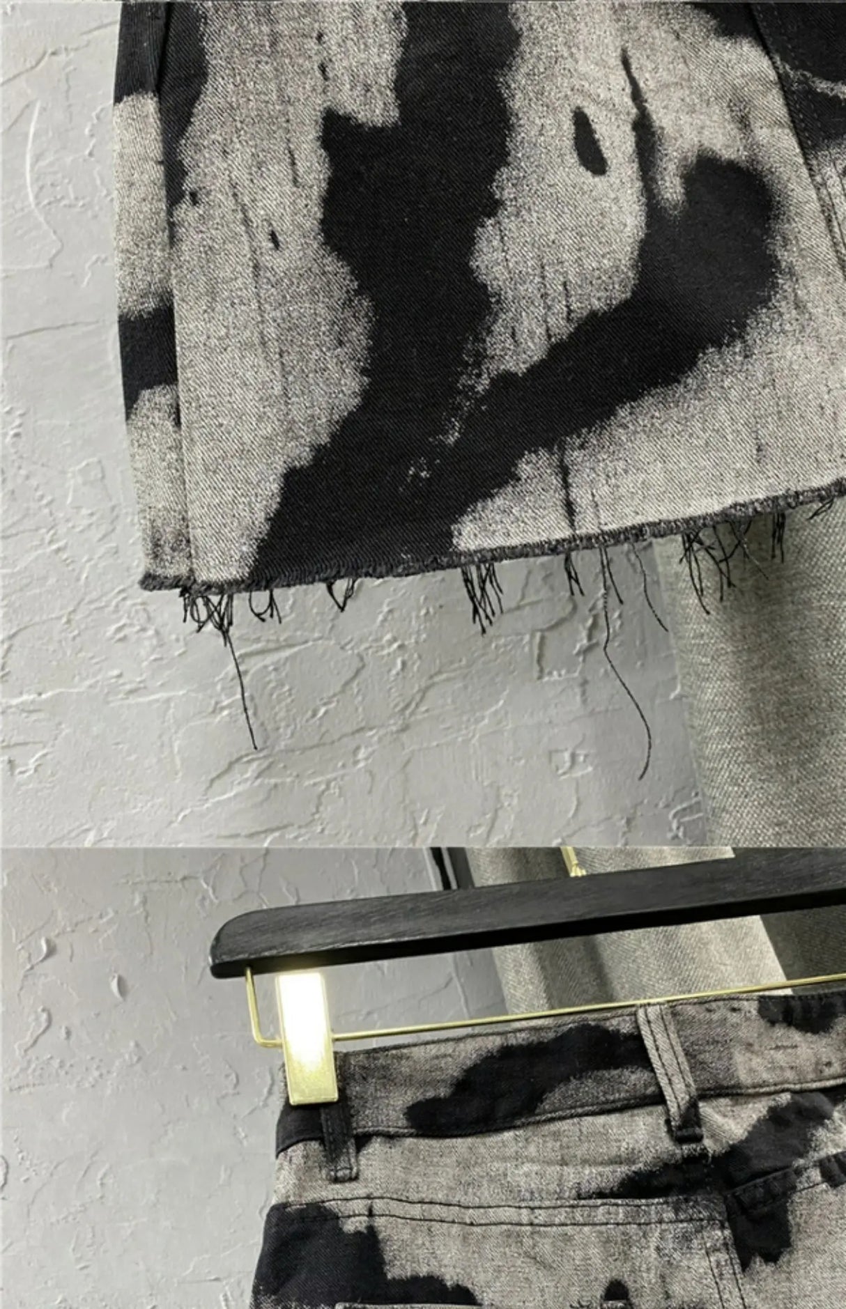 DyeDrape™ – Tie-Dye Short Denim Skirt (Black Gray, Fringed A-Line)