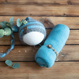 Newborn stretch knit mohair hat and wrap in blue and gray with button detailing, perfect for unisex babies 0-1Y.