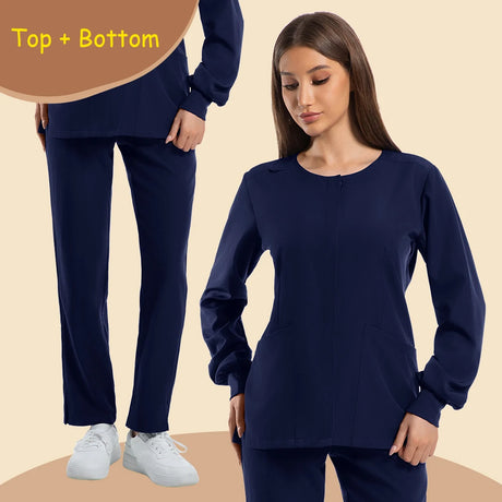 Women’s long sleeve jogging style scrubs set in navy blue with pockets, suitable for medical and beauty professionals.