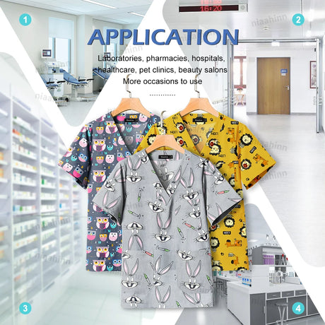 Printed nursing scrub tops displayed in various healthcare settings including laboratories and beauty salons.