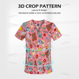 Printed short sleeve scrub top featuring a fun 3D crop pattern, designed for comfort in healthcare settings.