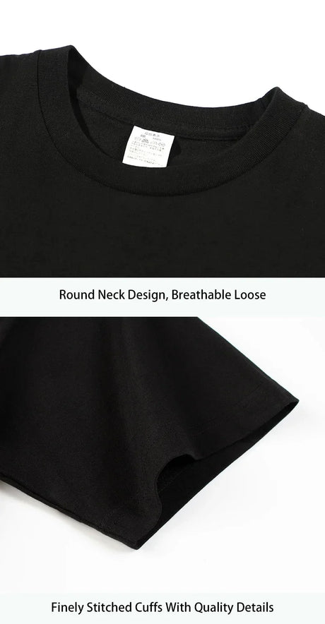 Close-up of round neck design and finely stitched cuffs of a breathable black t-shirt.