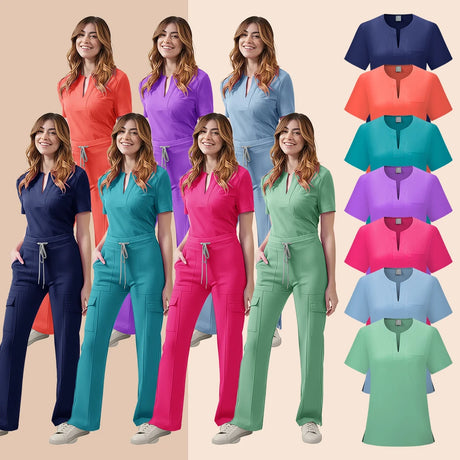 Women’s medical scrub set in various colors, featuring a pocket top and pants, perfect for nursing uniforms.
