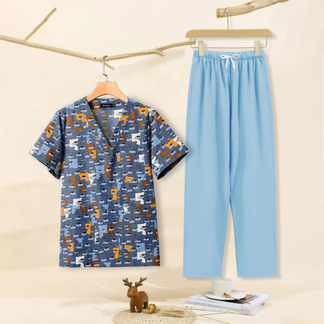 Cartoon print dental scrubs set for pet grooming, featuring a V-neck top and breathable pants, ideal for women.