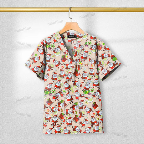Printed nursing scrub top with festive Santa graphic design, short sleeve, V-neck, made of breathable cotton.