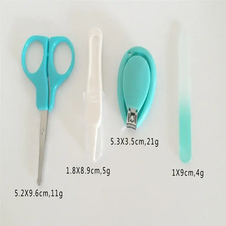 Newborn baby nail scissor set with clippers, files, and grooming tools in teal color, safe for infants.