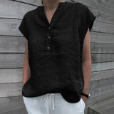 BreezyLuxe™ V-Neck Black Cotton Linen Blouse with Button Closure, Perfect for Summer Wear