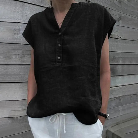 BreezyLuxe™ V-Neck Black Cotton Linen Blouse with Button Closure, Perfect for Summer Wear