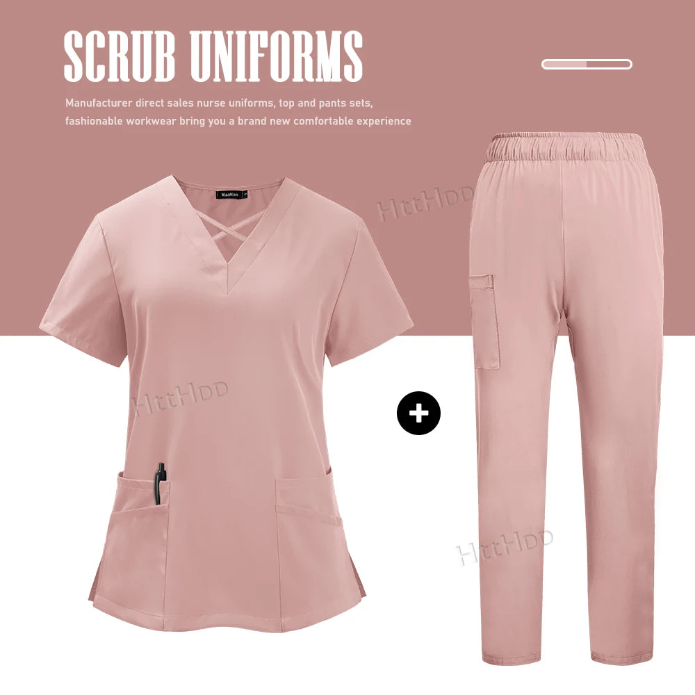 Nurse dental scrubs set in soft pink, featuring a top and pants with pockets, perfect for medical uniforms and workwear.