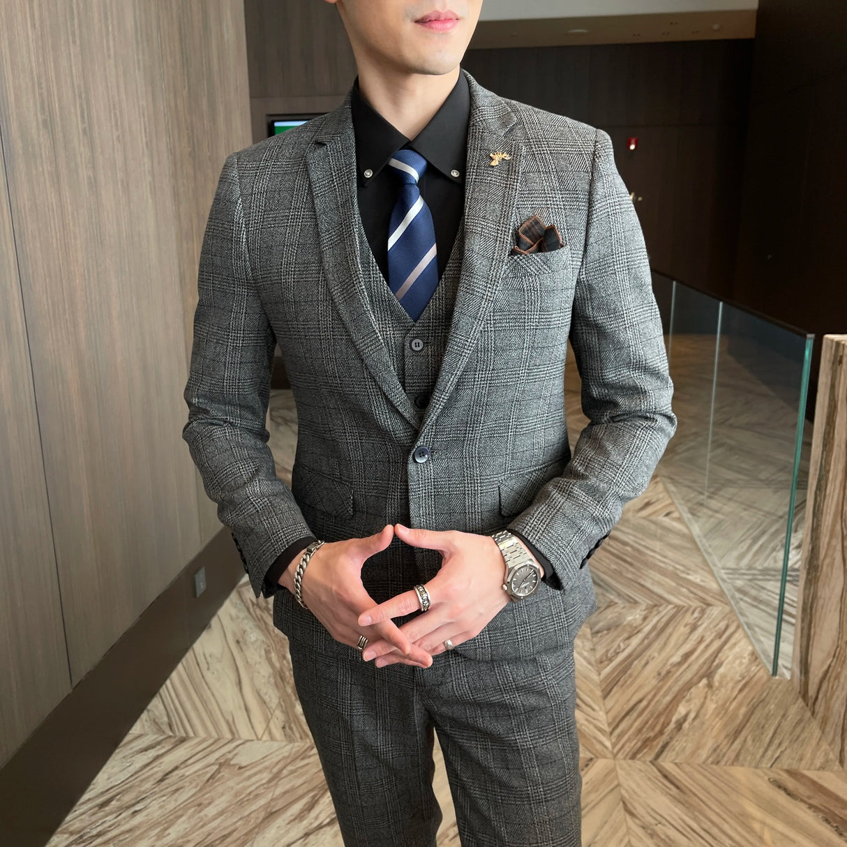 Men Plaid 3-Piece Business Suit