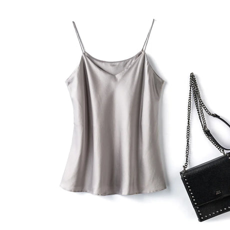 BandeauSilk™ double-layer mulberry silk camisole in light grey, showcasing a sexy V-neck design, perfect for summer.