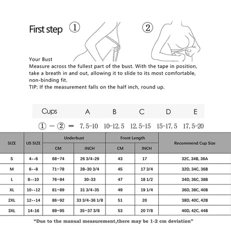Size chart for ShapeEase™ camisole showing bust measurements and recommended cup sizes for accurate fitting.