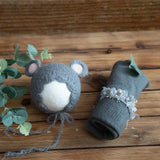 Newborn stretch knit mohair set, featuring a grey bear hat and soft grey wrap, perfect for baby photoshoots.