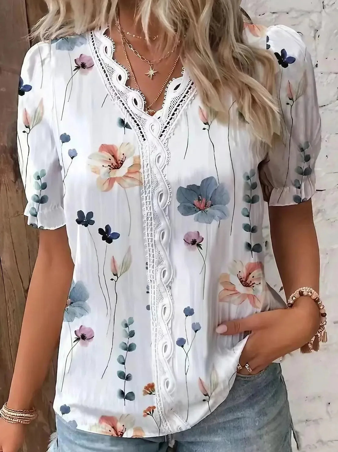Women V-Neck Casual Short Sleeve Blouse