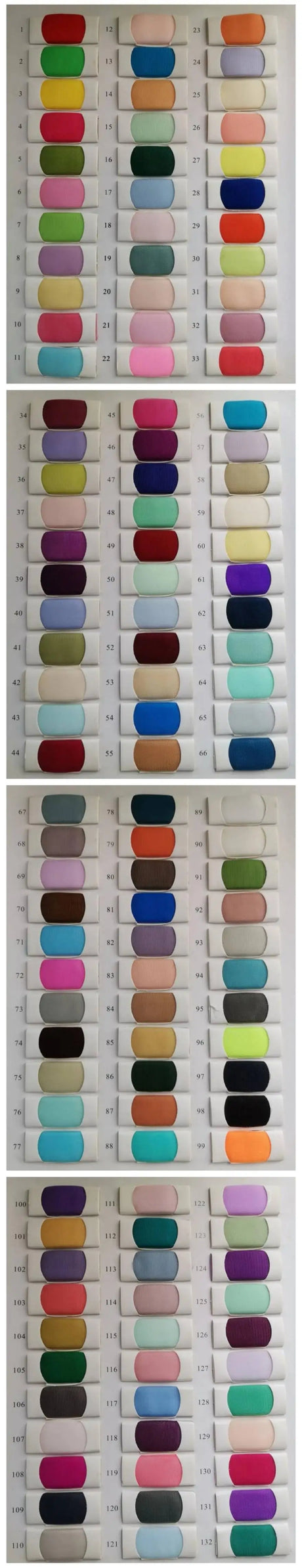 Variety of nail polish color swatches displayed in organized rows, showcasing a spectrum of shades and finishes.