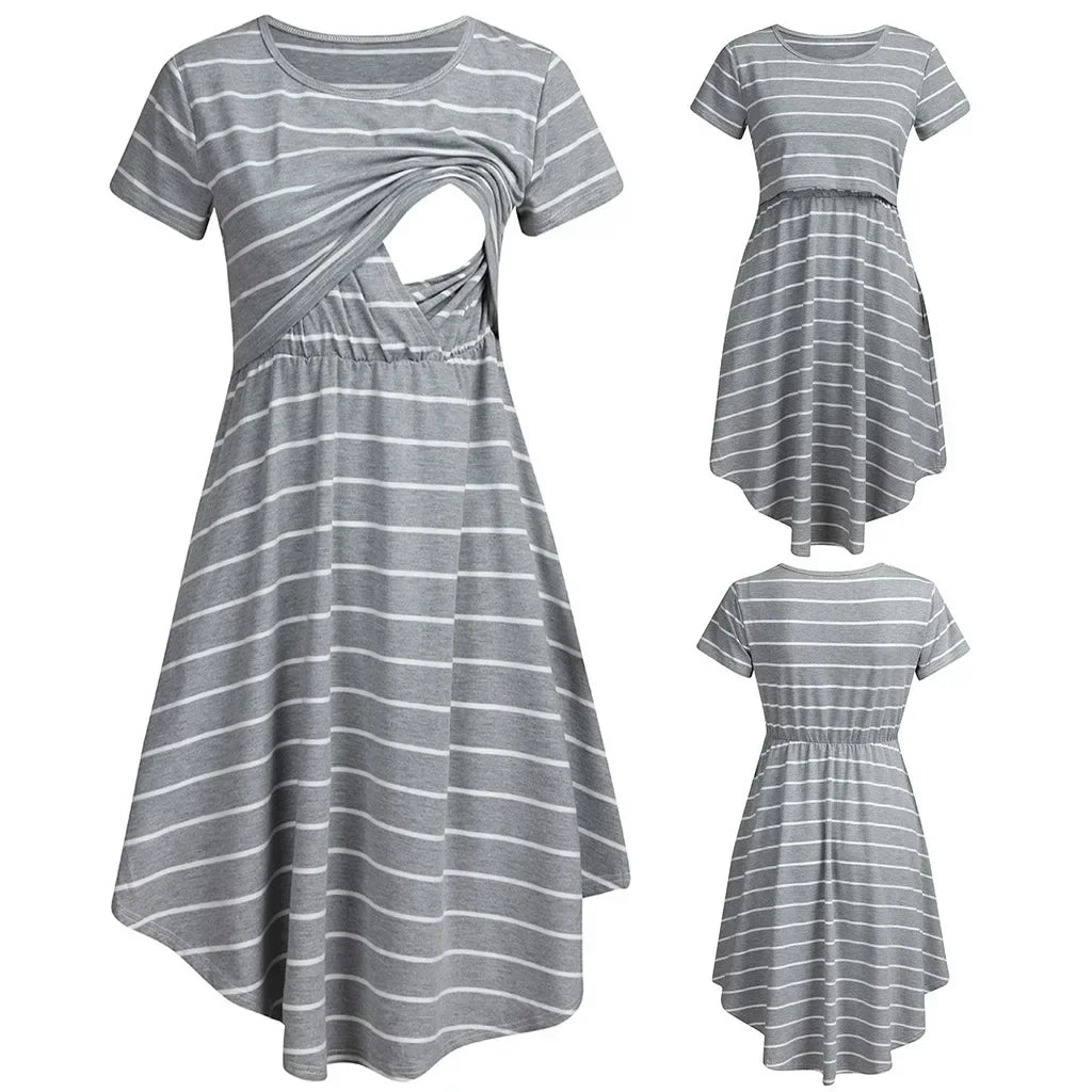 Striped multifunctional nursing dress in gray, featuring a boat neck and ruffles, perfect for maternity and baby showers.