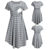 Striped multifunctional nursing dress in gray, featuring a boat neck and ruffles, perfect for maternity and baby showers.