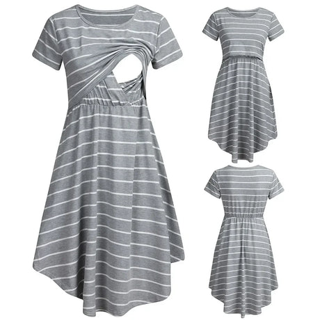 Striped multifunctional nursing dress in gray, featuring a boat neck and ruffles, perfect for maternity and baby showers.