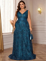 Women Plus Size Sequin Evening Dress Deep V Prom Gown