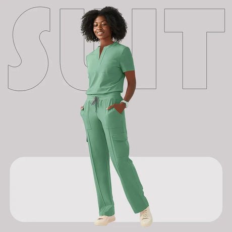 Women’s hospital scrub suit in green, ideal for healthcare workers and beauty professionals, featuring comfortable design and pockets.