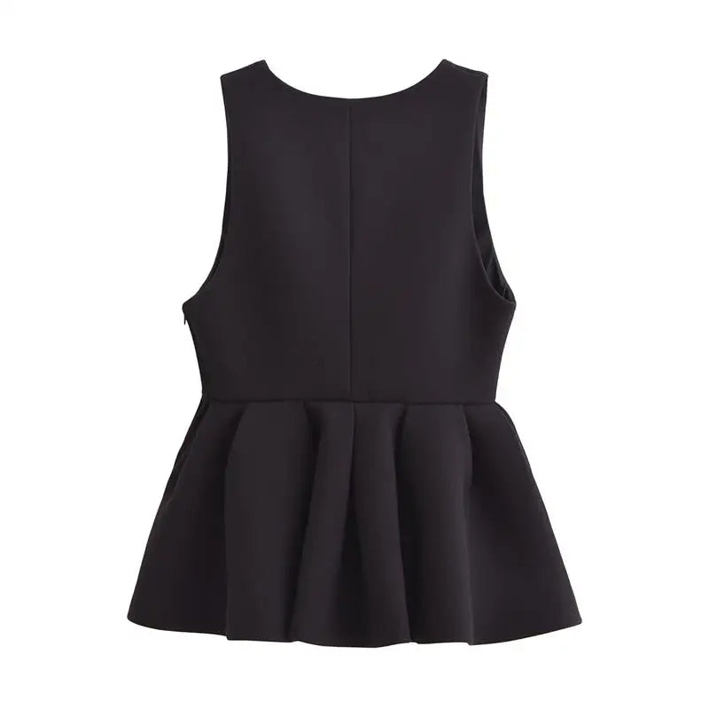 Back view of a black women's tank top with peplum design, casual style for autumn party wear.
