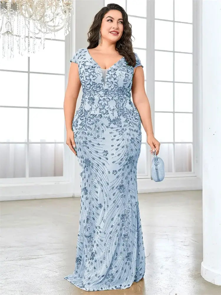 Women Plus Size Mermaid Sequin Formal Prom Dress