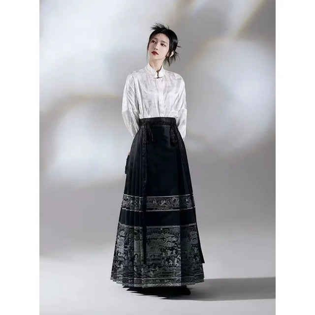 Traditional Hanfu outfit featuring a horse face skirt in black with intricate patterns, styled elegantly for women.